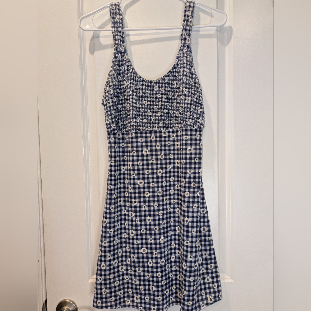 Vintage Y2K JG Front Gingham Daisy Dress Medium Blue White Mini Sundress USA